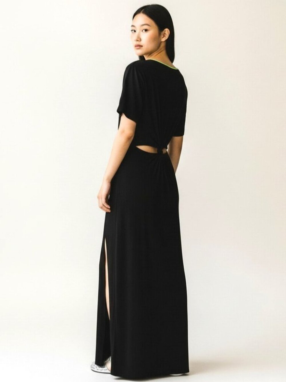 Michael Stars Black Open Back Twist Maxi Dress Size S Short Sleeve Side Slit